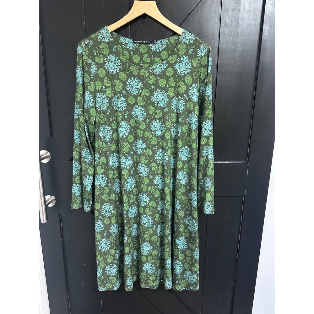 Gudrun Sjoden Floral Lyocell Long Sleeve A-Line Dress Green Blue Size M